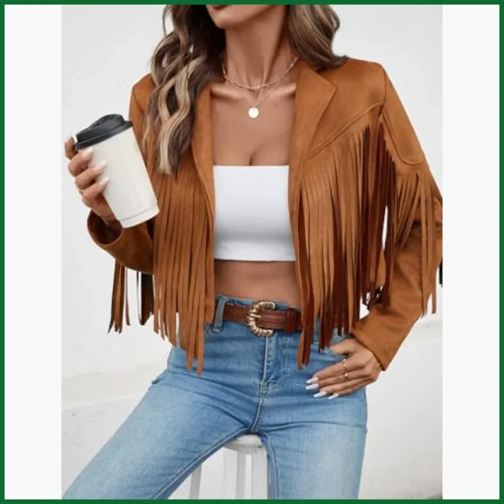 Faux Suede Leather Tassel Jacket with Fringe Cropped Western Style - Picture 4 of 7